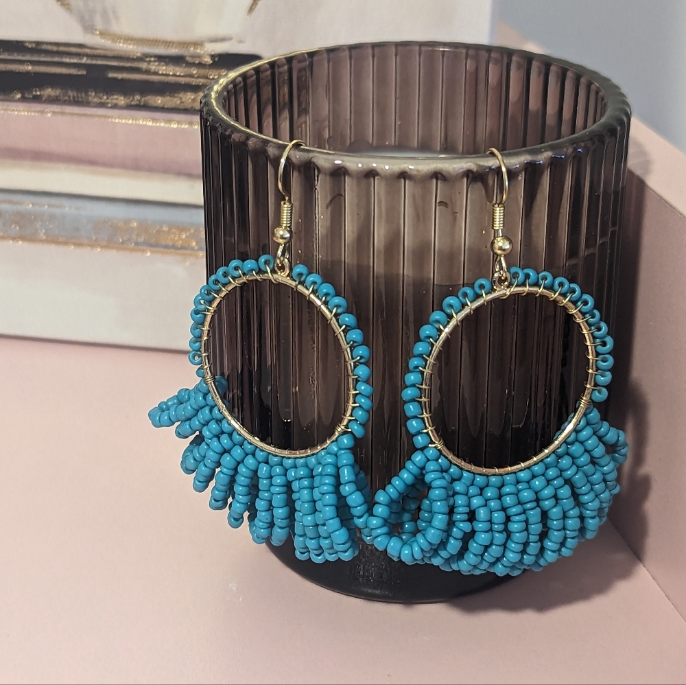 Teal Beaded Dangle Earrings